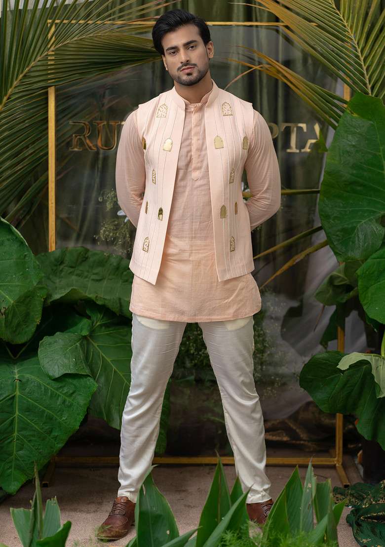 Pink Khidki Embroidered Bundi Jacket For Men - Indya