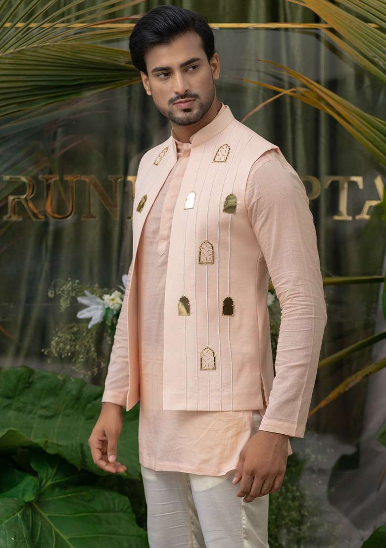 Pink Khidki Embroidered Bundi Jacket For Men - Indya