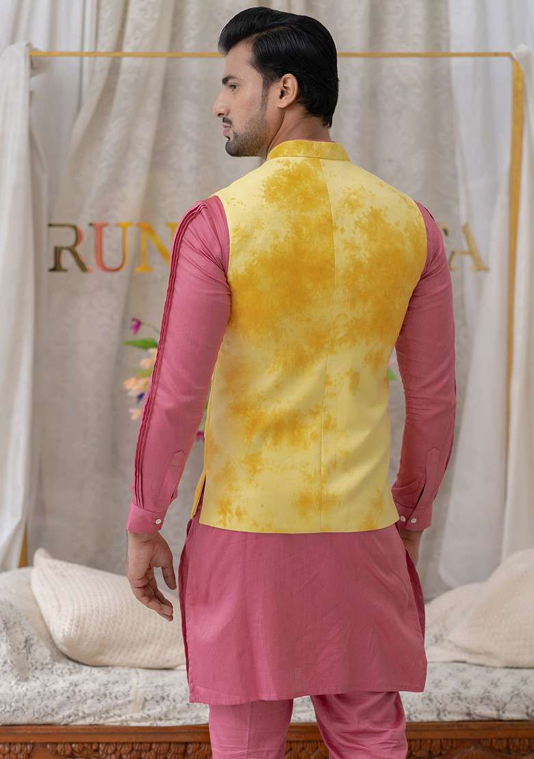 Yellow And Pink Tie And Dye Bundi Jacket For Men - Indya