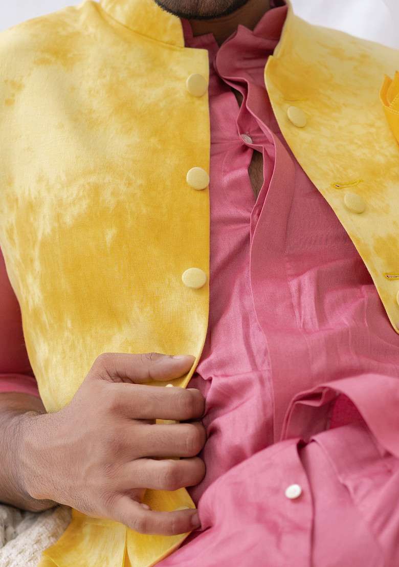 Yellow And Pink Tie And Dye Bundi Jacket For Men - Indya