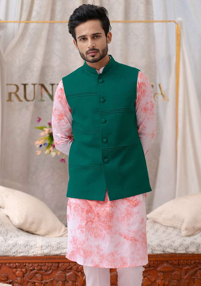 Green Cotton Linen Pintucked Bundi Jacket For Men - Indya