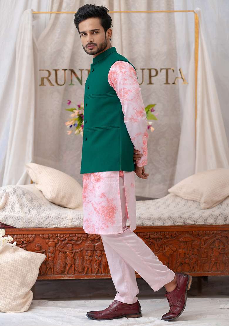 Green Cotton Linen Pintucked Bundi Jacket For Men - Indya