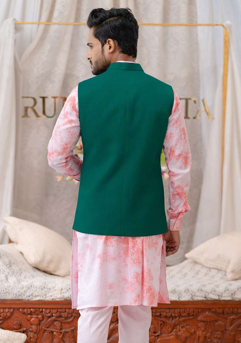 Green Cotton Linen Pintucked Bundi Jacket For Men - Indya