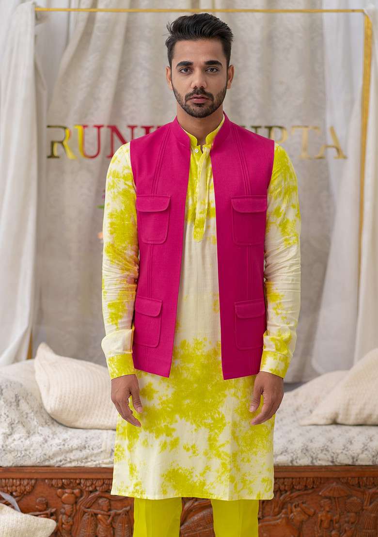 Pink Cotton Linen Pintucked Bundi Jacket For Men - Indya