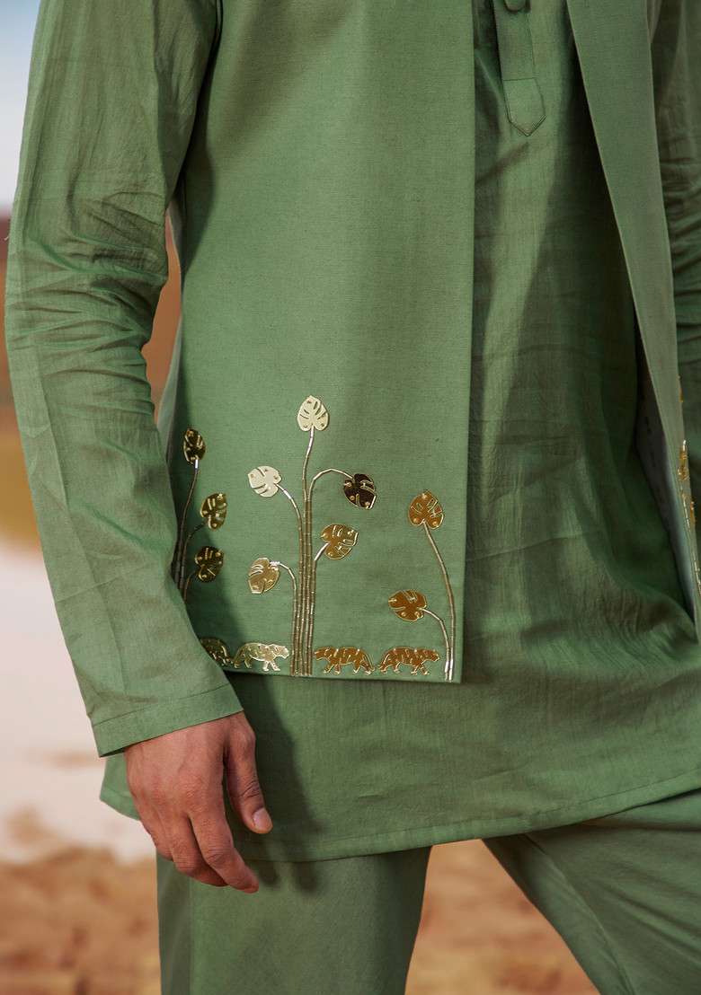 Deep Green Cut Pipe Embellished Bundi Set For Men - Indya