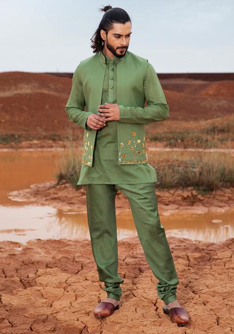 Deep Green Cut Pipe Embellished Bundi Set For Men