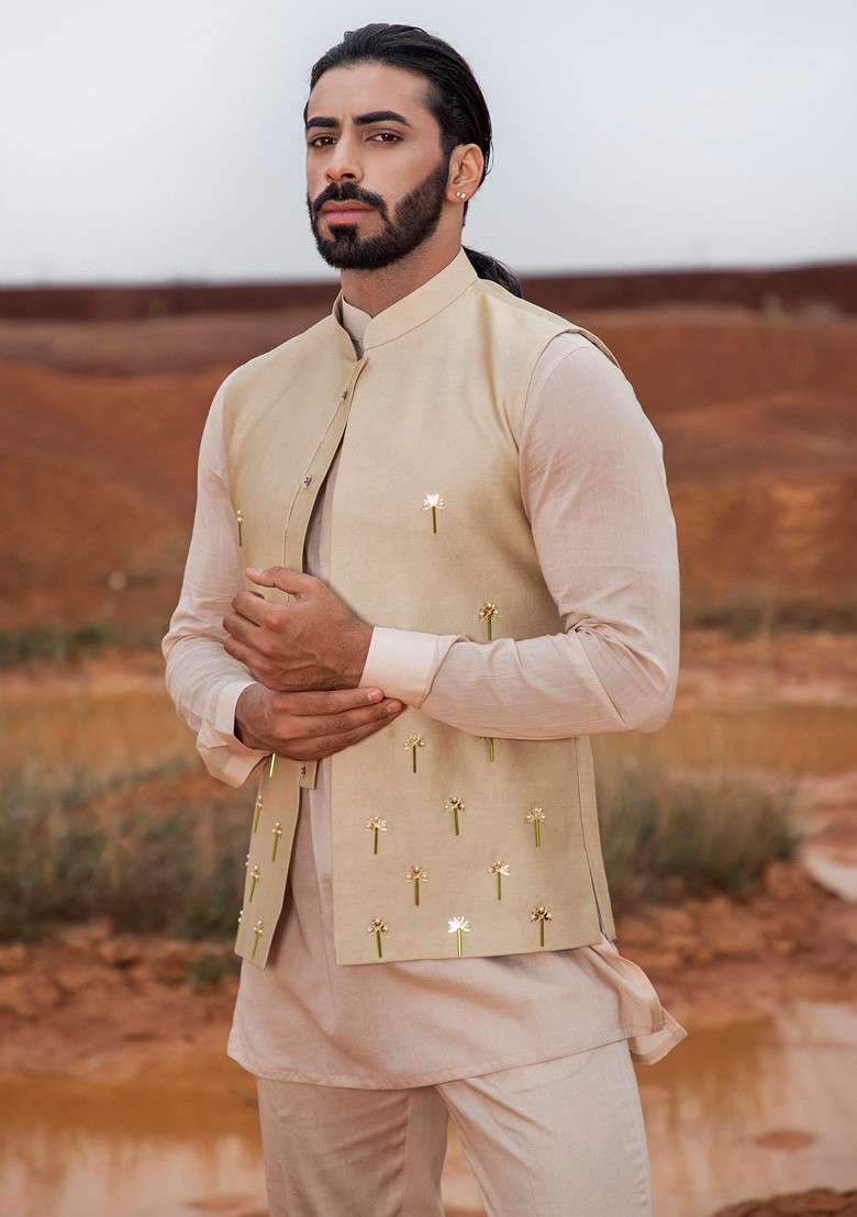 Khaki Cut Pipe Embellished Bundi Jacket For Men - Indya