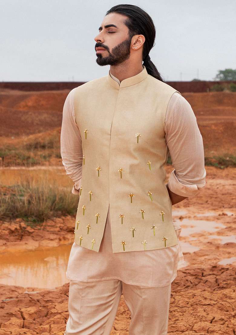 Khaki Cut Pipe Embellished Bundi Jacket For Men - Indya