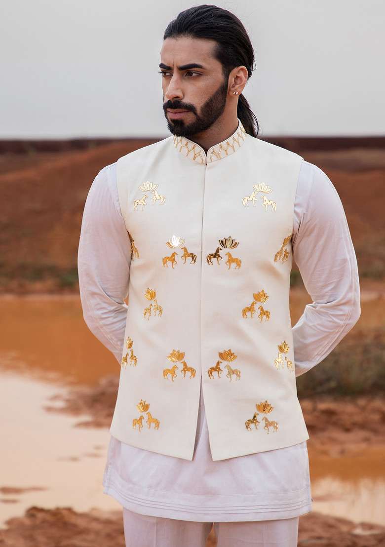 Ivory Hand Embroidered Bundi Jacket For Men - Indya