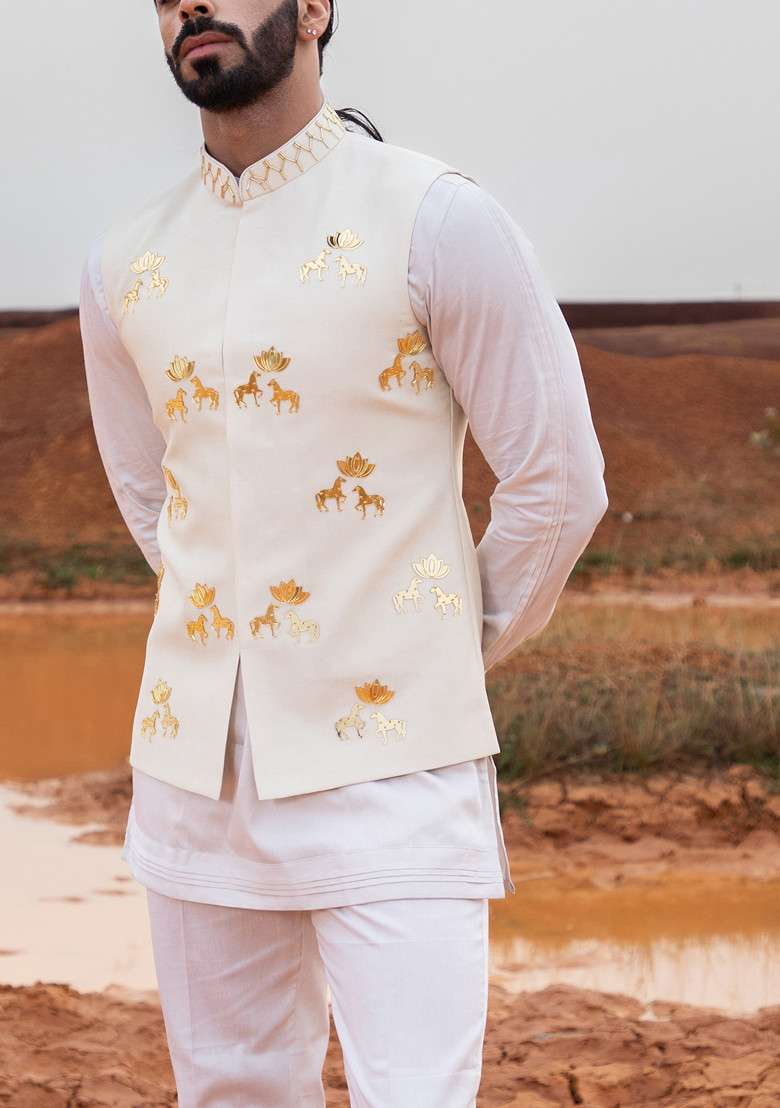 Ivory Hand Embroidered Bundi Jacket For Men - Indya