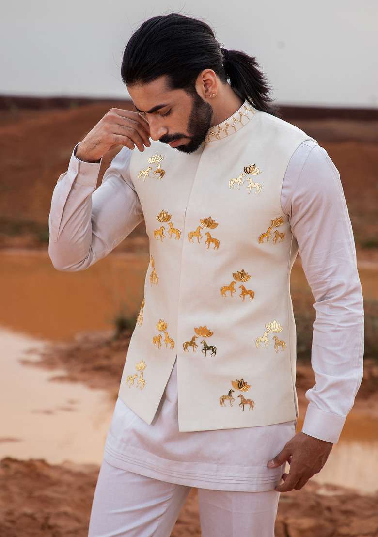 Ivory Hand Embroidered Bundi Jacket For Men - Indya