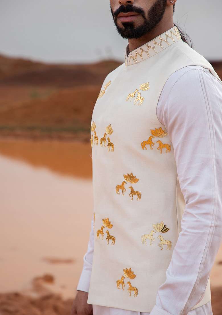 Ivory Hand Embroidered Bundi Jacket For Men - Indya