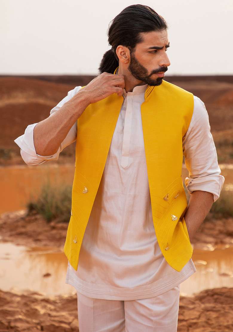 Yellow Hand Embroidered Boat Bundi Jacket For Men - Indya