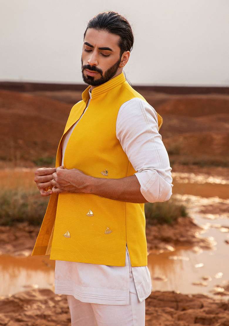 Yellow Hand Embroidered Boat Bundi Jacket For Men - Indya