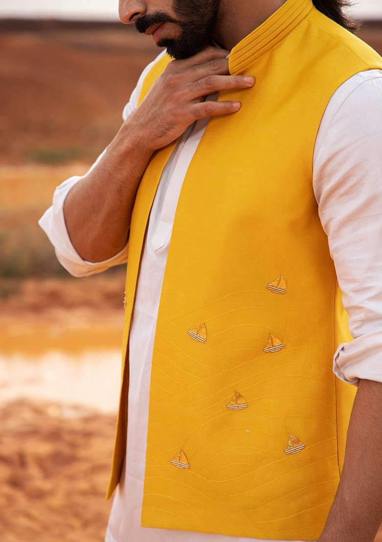 Yellow Hand Embroidered Boat Bundi Jacket For Men - Indya