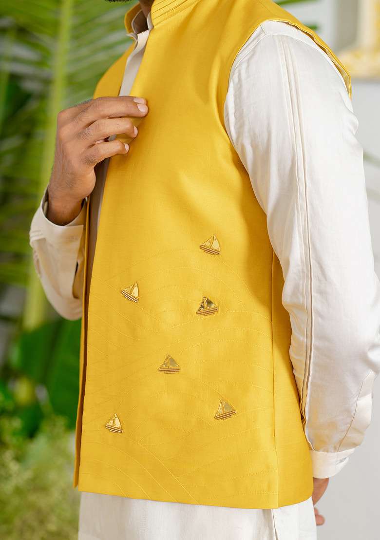 Yellow Hand Embroidered Boat Bundi Jacket For Men - Indya