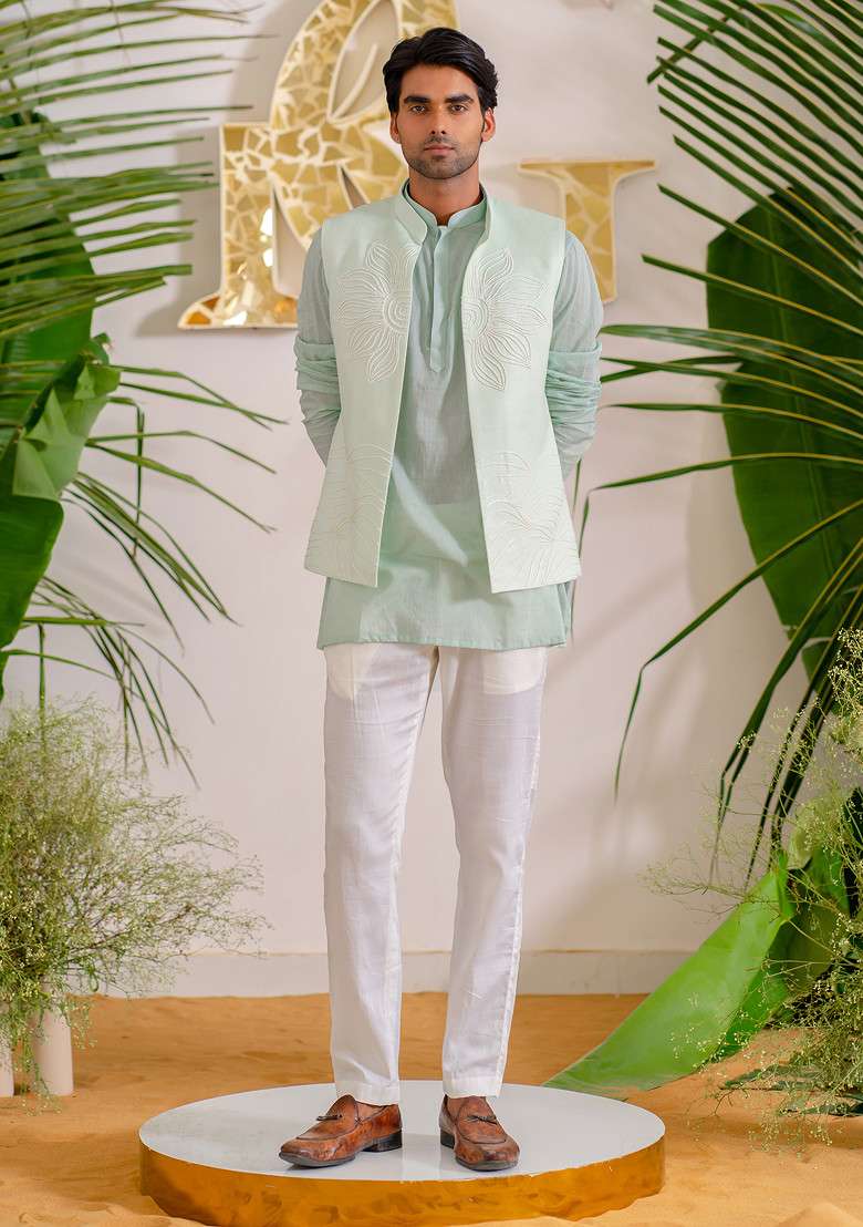 Blue Hand Embroidered Bloom Bundi Jacket For Men - Indya