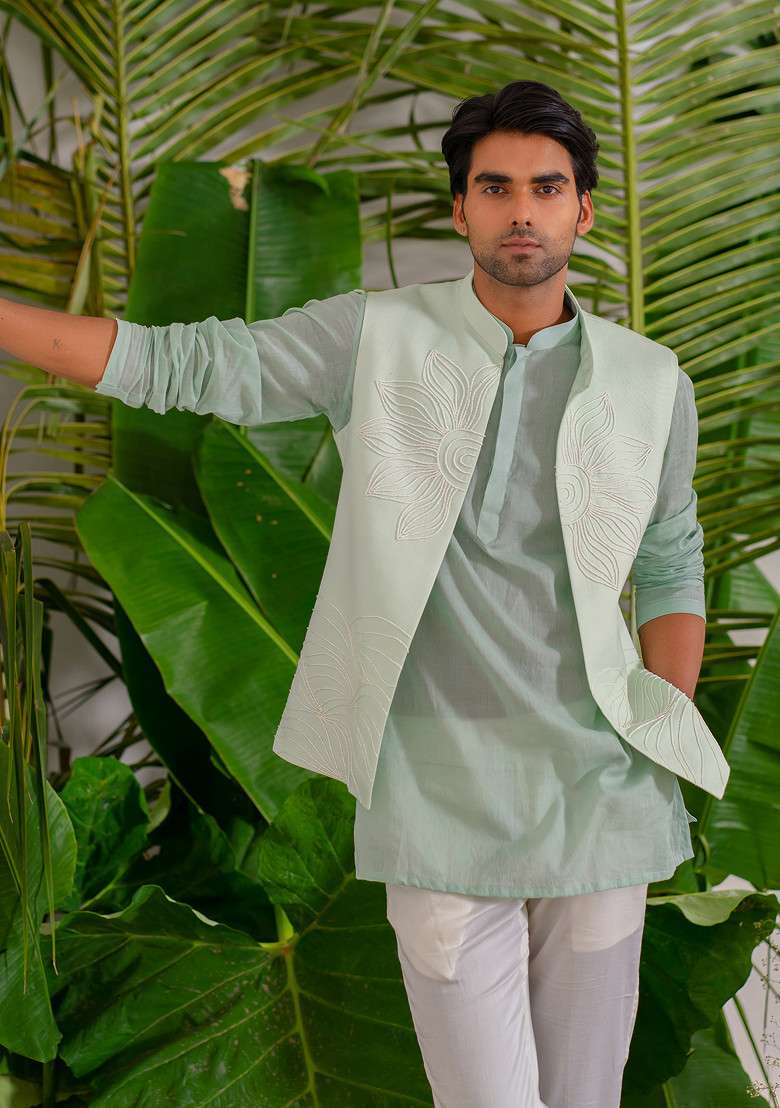 Blue Hand Embroidered Bloom Bundi Jacket For Men - Indya