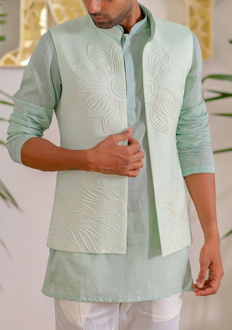 Blue Hand Embroidered Bloom Bundi Jacket For Men - Indya