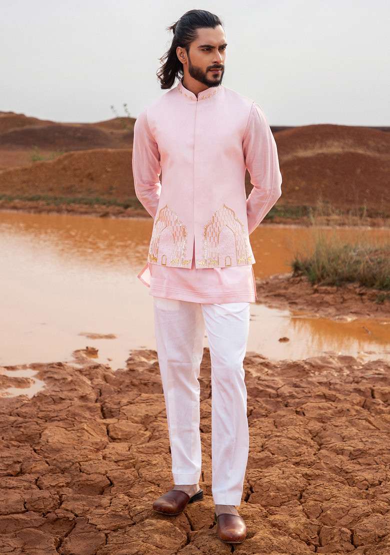 Blush Pink Hand Embroidered Arch Bundi Jacket For Men - Indya