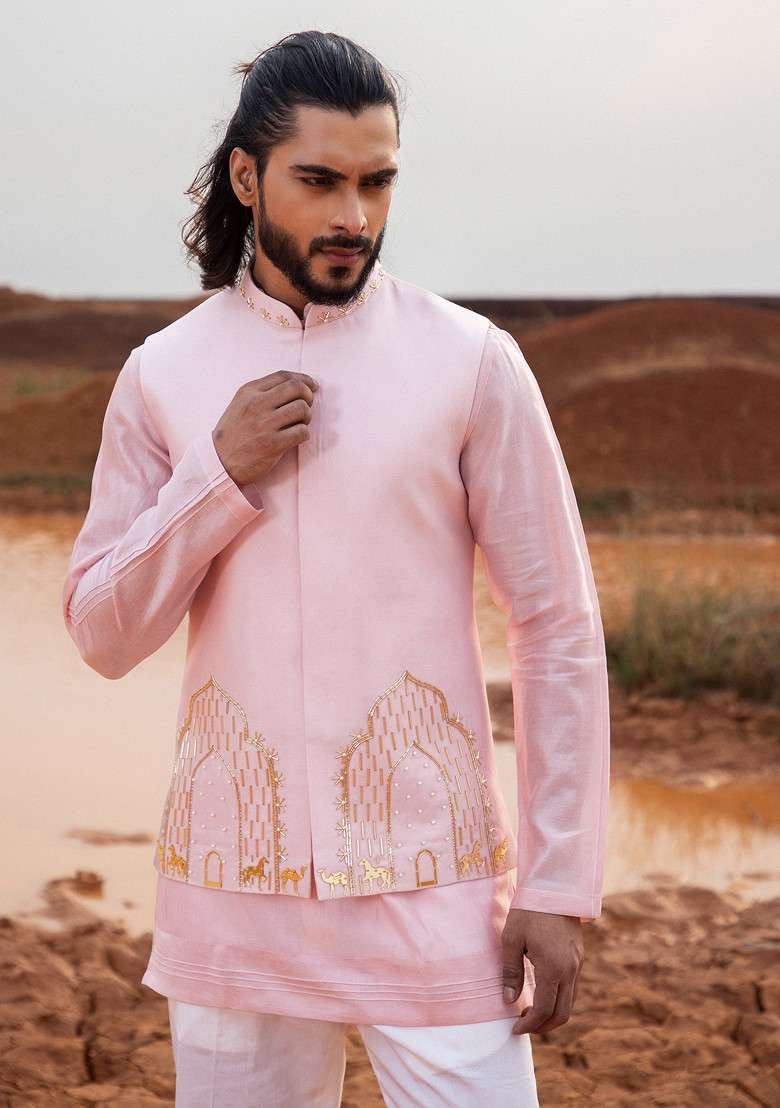 Blush Pink Hand Embroidered Arch Bundi Jacket For Men - Indya