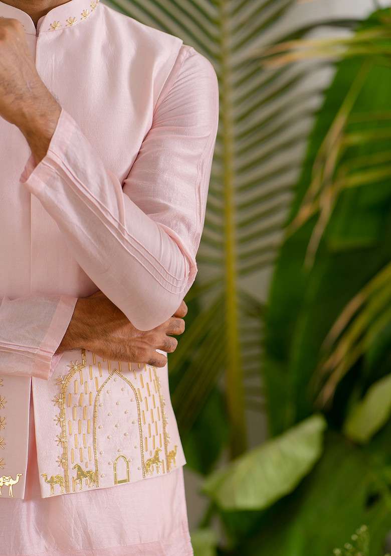 Blush Pink Hand Embroidered Arch Bundi Jacket For Men - Indya