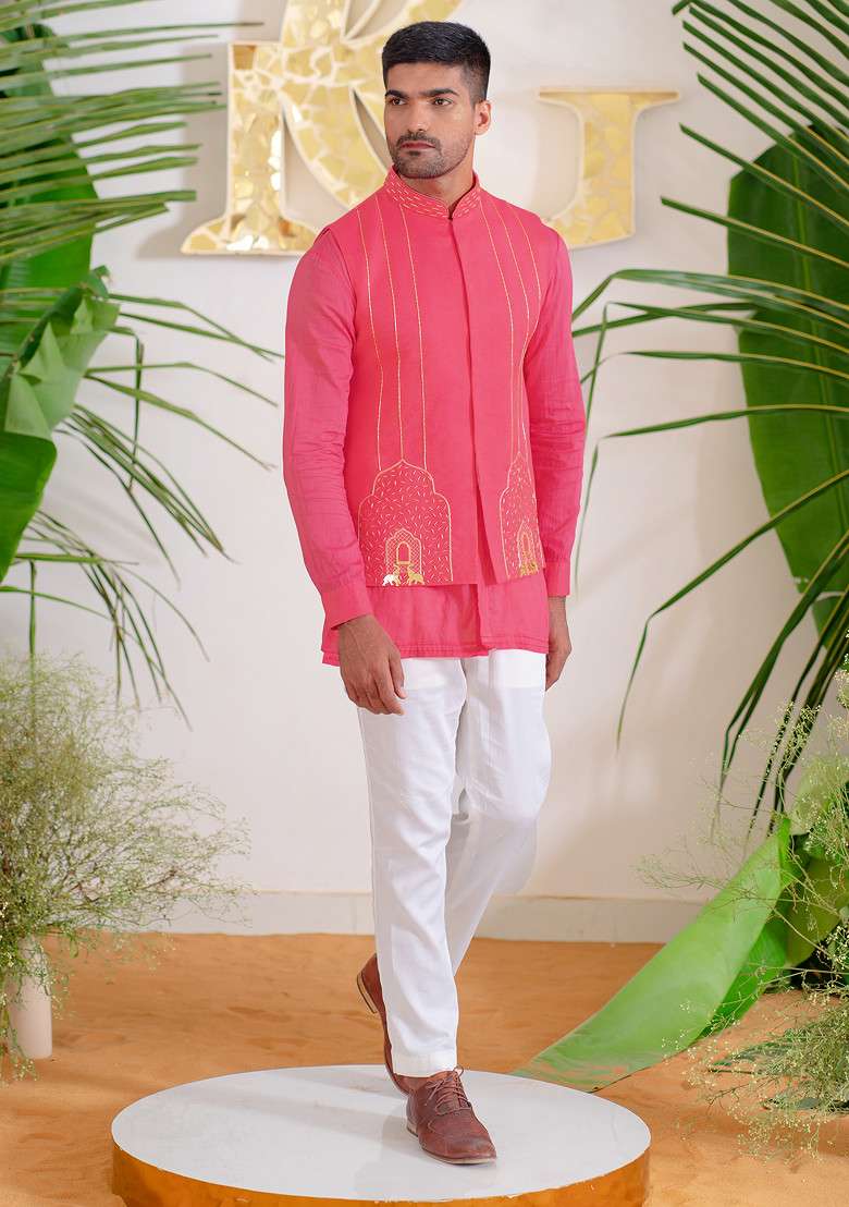 Hot Pink Hand Embroidered Arch Bundi Jacket For Men - Indya