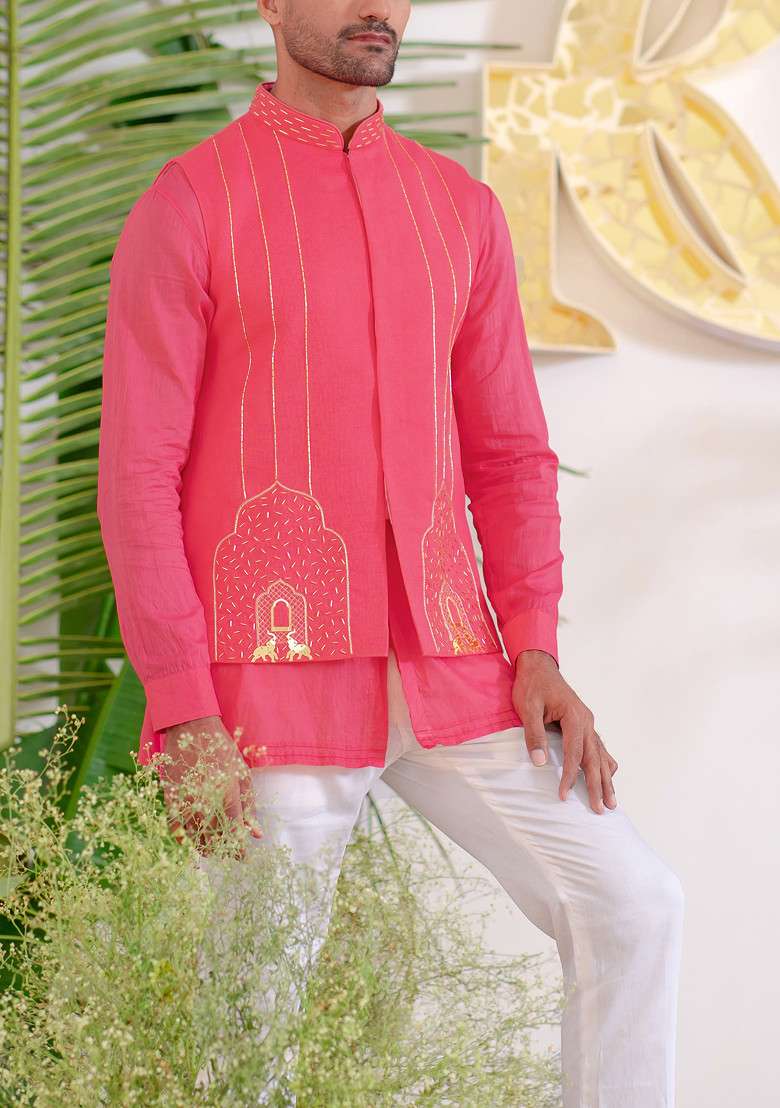 Hot Pink Hand Embroidered Arch Bundi Jacket For Men - Indya