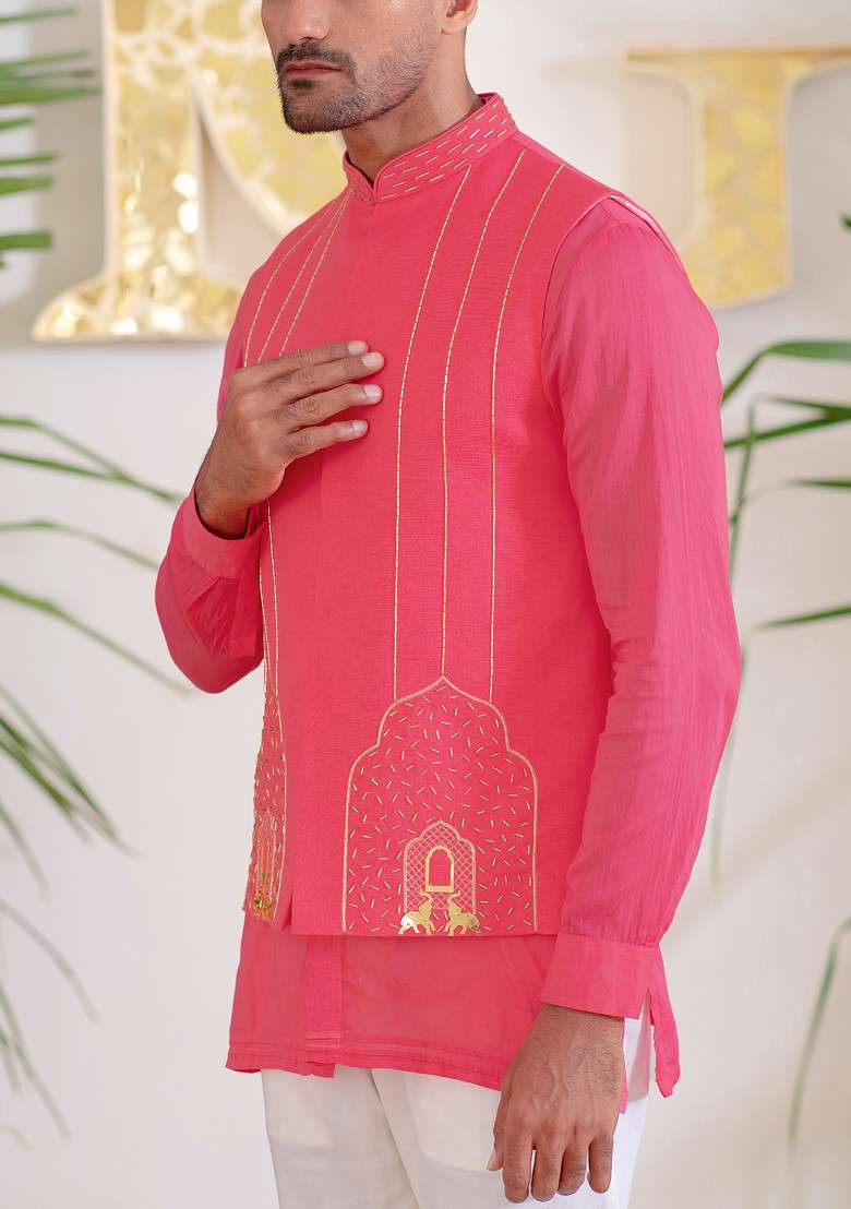Hot Pink Hand Embroidered Arch Bundi Jacket For Men - Indya