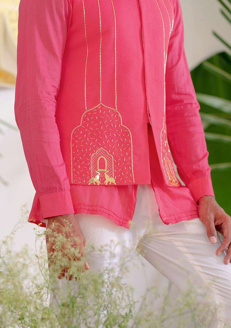 Hot Pink Hand Embroidered Arch Bundi Jacket For Men - Indya