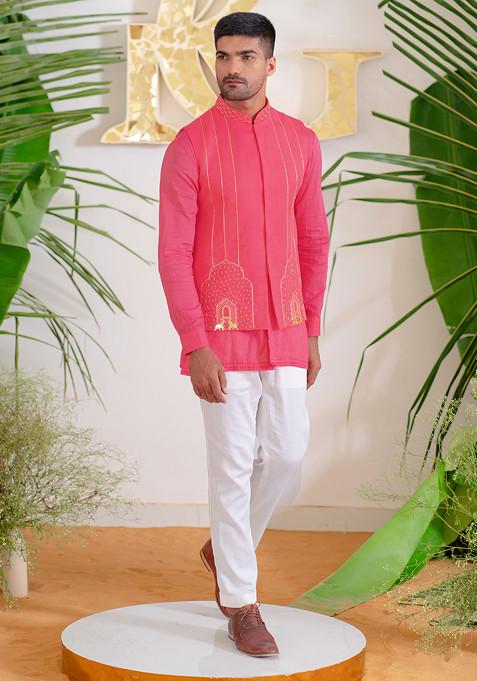 Hot Pink Hand Embroidered Arch Bundi Jacket For Men