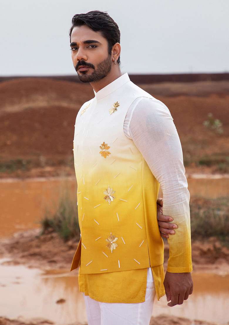 Yellow Ombre Hand Embroidered Bundi Jacket For Men - Indya
