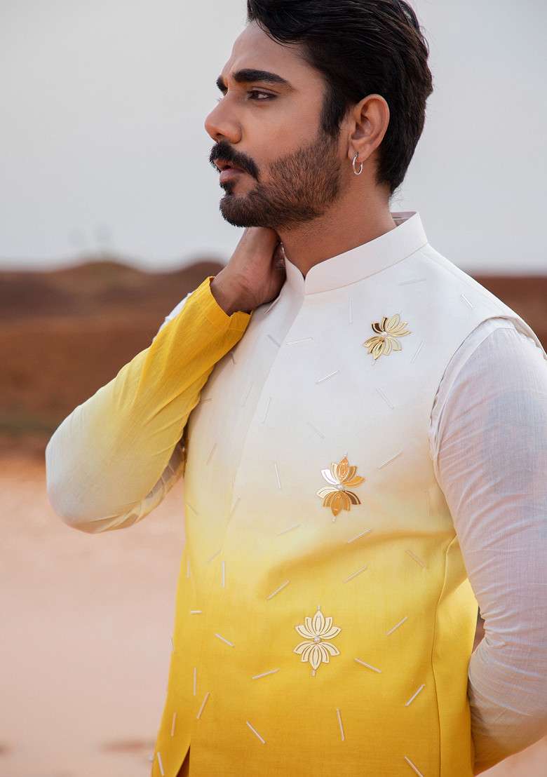 Yellow Ombre Hand Embroidered Bundi Jacket For Men - Indya