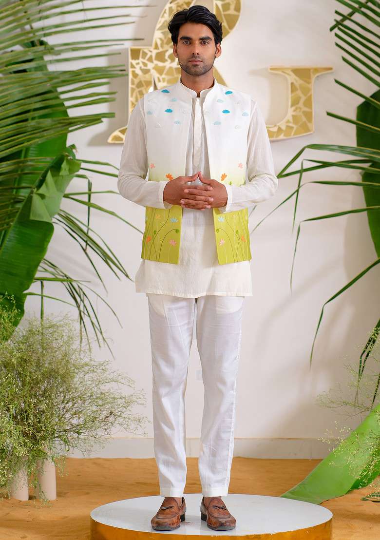 Multicolour Hand Embroidered Flora Aura Bundi Jacket For Men - Indya