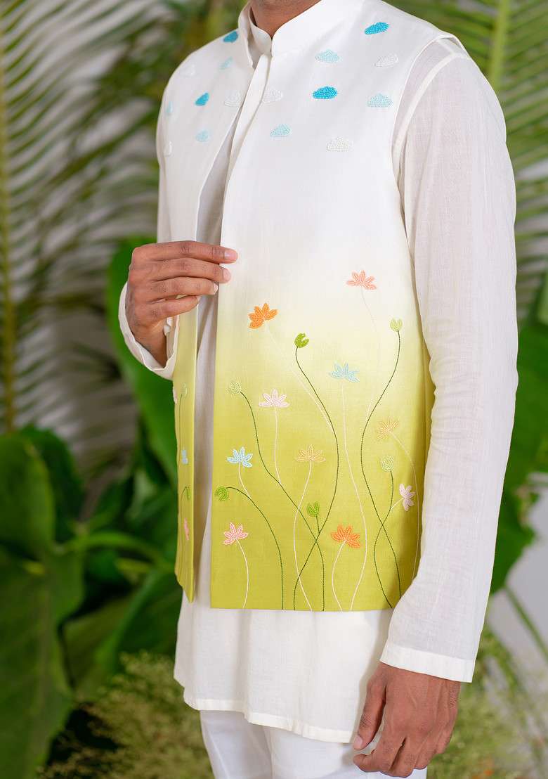 Multicolour Hand Embroidered Flora Aura Bundi Jacket For Men - Indya