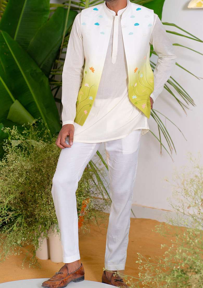 Multicolour Hand Embroidered Flora Aura Bundi Jacket For Men - Indya