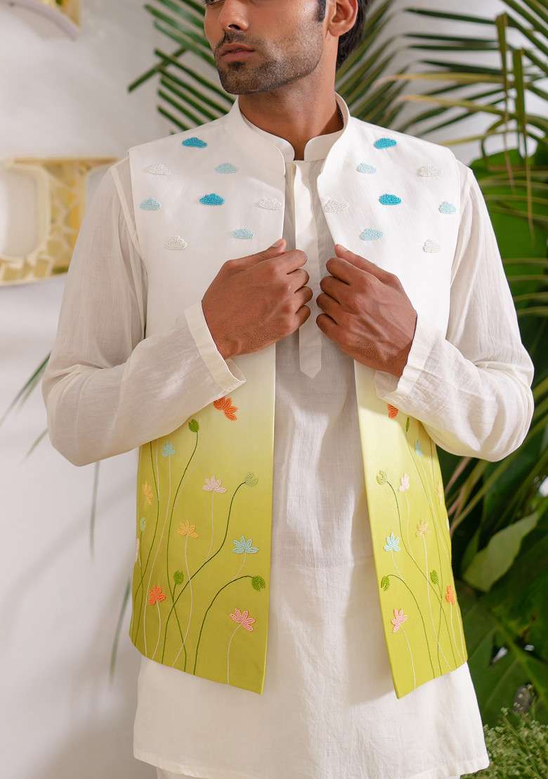 Multicolour Hand Embroidered Flora Aura Bundi Jacket For Men - Indya