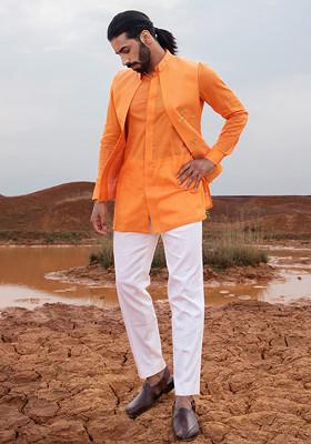 Orange Hand Embroidered Boat Bundi Jacket For Men