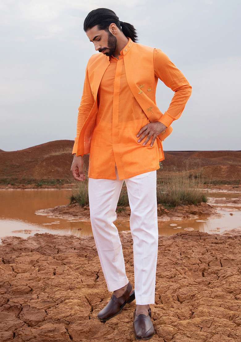 Orange Hand Embroidered Boat Bundi Jacket For Men - Indya
