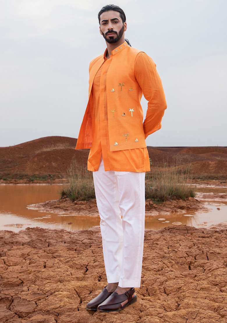 Orange Hand Embroidered Boat Bundi Jacket For Men - Indya