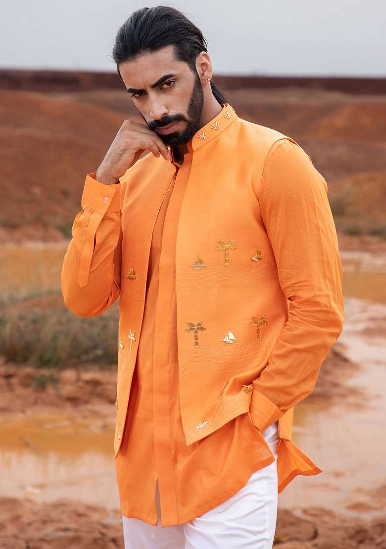 Orange Hand Embroidered Boat Bundi Jacket For Men - Indya