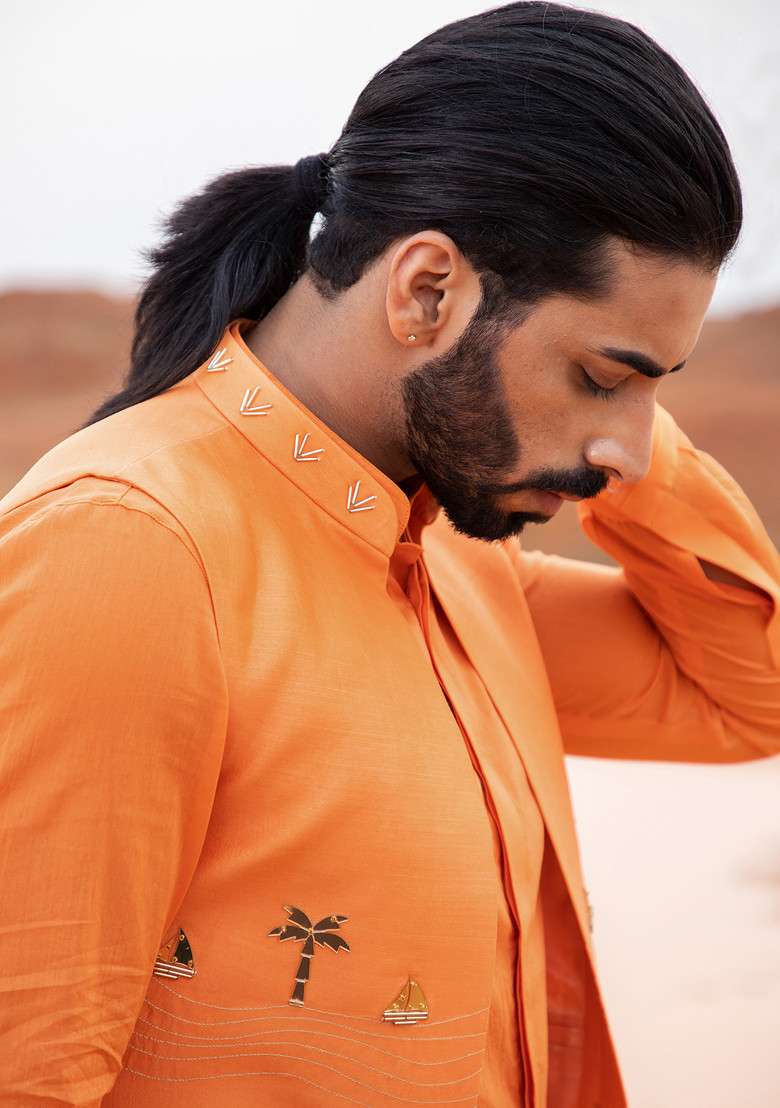 Orange Hand Embroidered Boat Bundi Jacket For Men - Indya