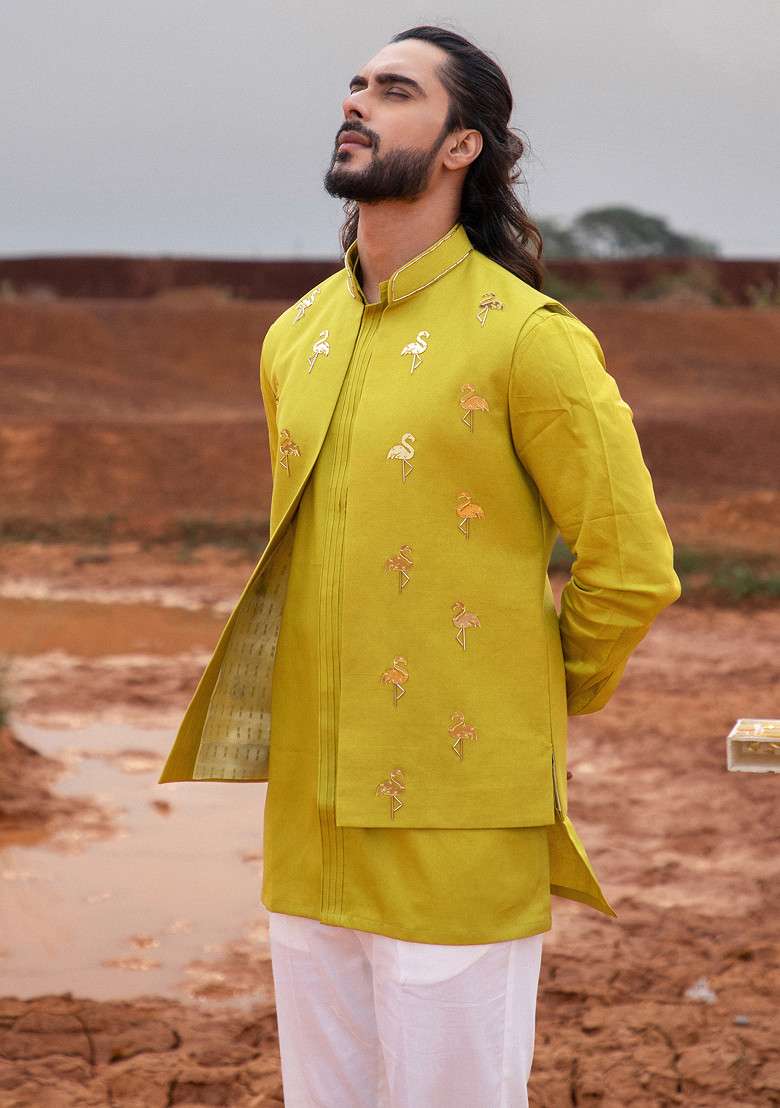 Green Hand Embroidered Bundi Jacket For Men - Indya