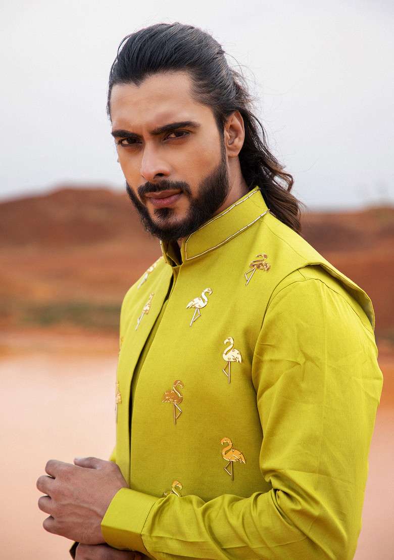Green Hand Embroidered Bundi Jacket For Men - Indya