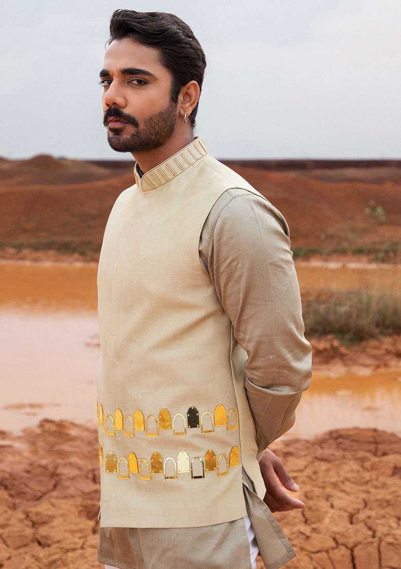 Khaki Hand Embroidered Bundi Jacket For Men - Indya