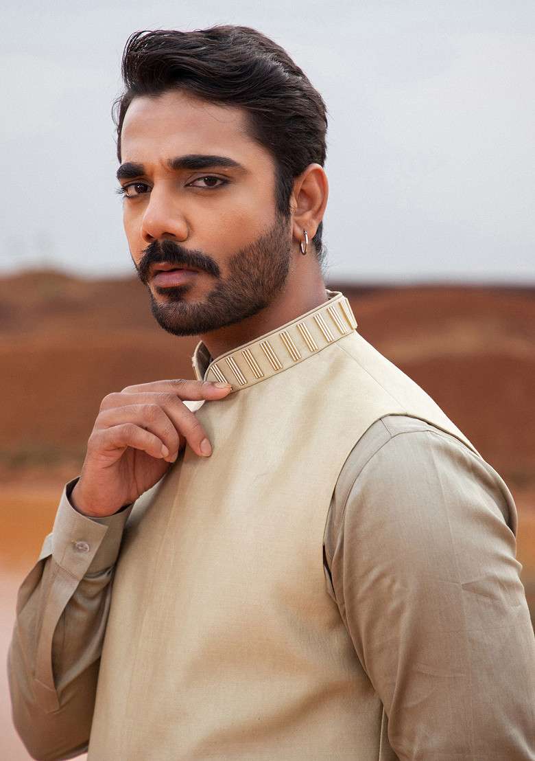 Khaki Hand Embroidered Bundi Jacket For Men - Indya
