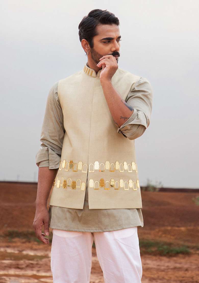 Khaki Hand Embroidered Bundi Jacket For Men - Indya