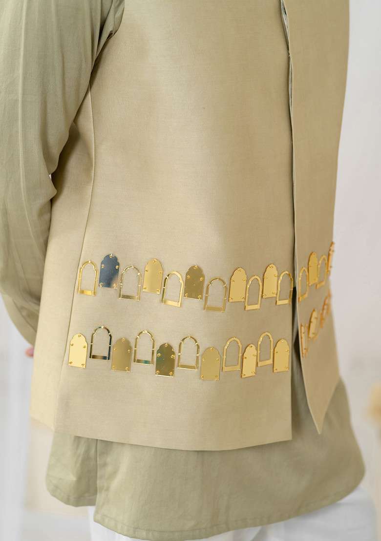 Khaki Hand Embroidered Bundi Jacket For Men - Indya