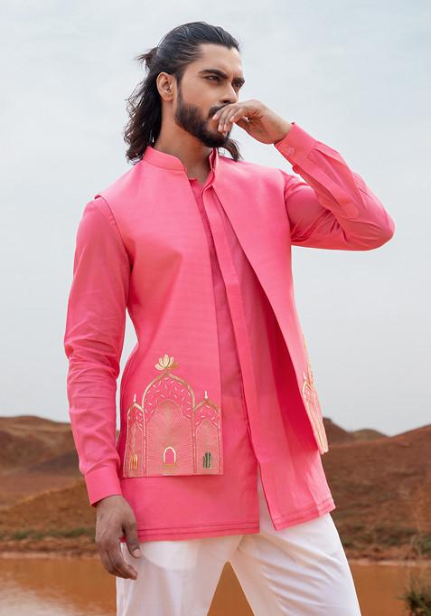 Fuchsia Pink Cut Pipe Embellished Fort Bundi Jacket For Men