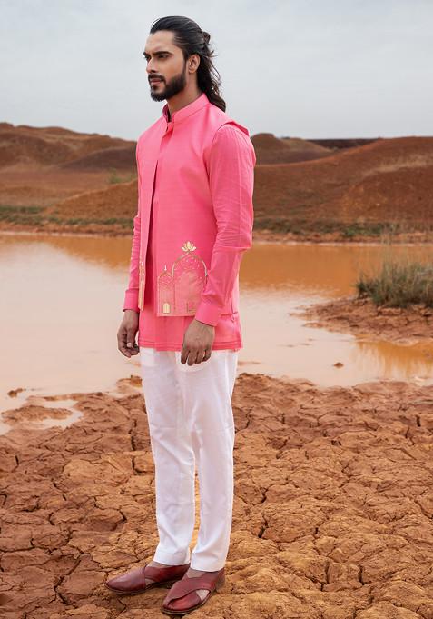 Fuchsia Pink Cut Pipe Embellished Fort Bundi Jacket Set For Men